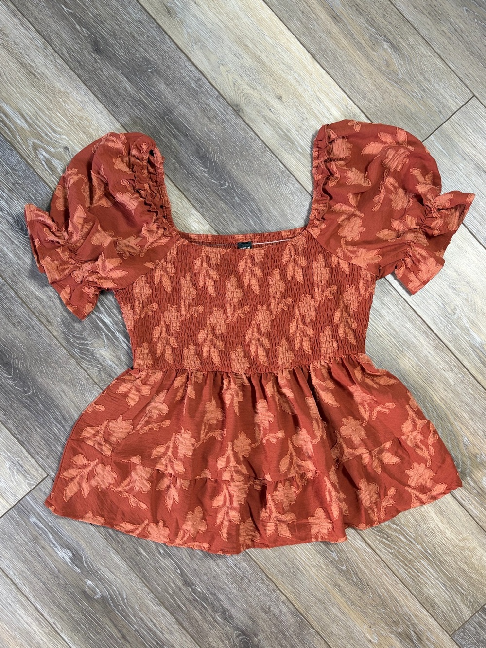 SHEIN Floral Smocked Square Neck Puff Sleeve Peplum Top